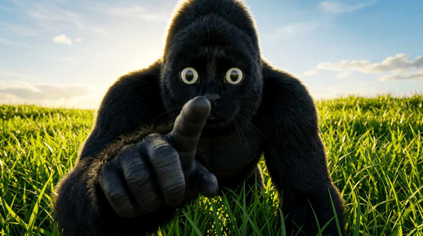 Apecat in a sunrise-lit grass field, reaching toward the camera.