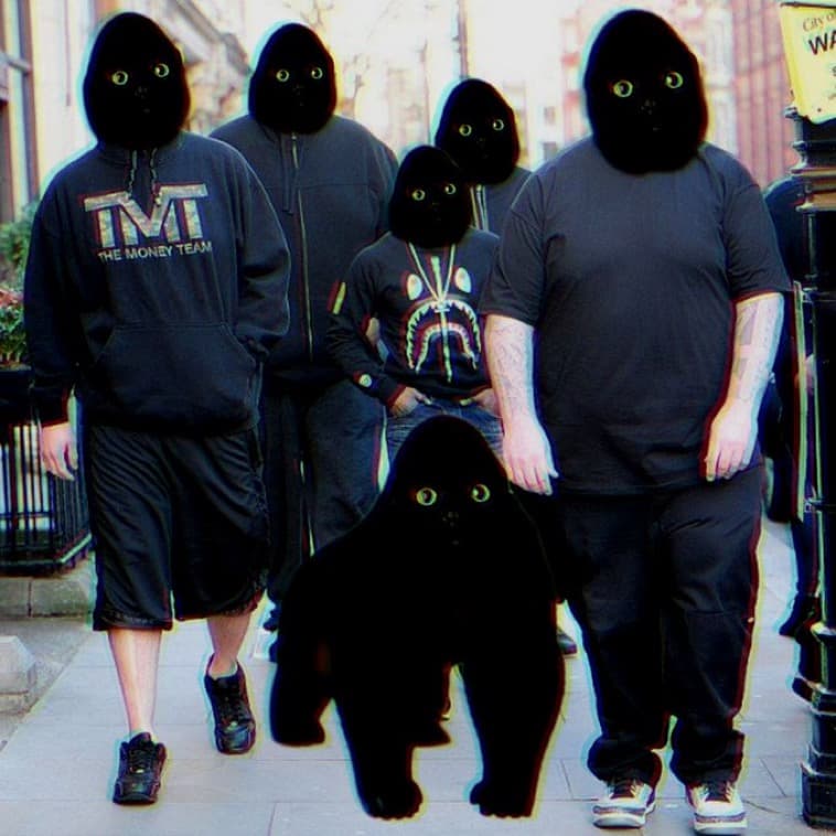 A group of hooded figures with Apecat faces walking together down a city street.